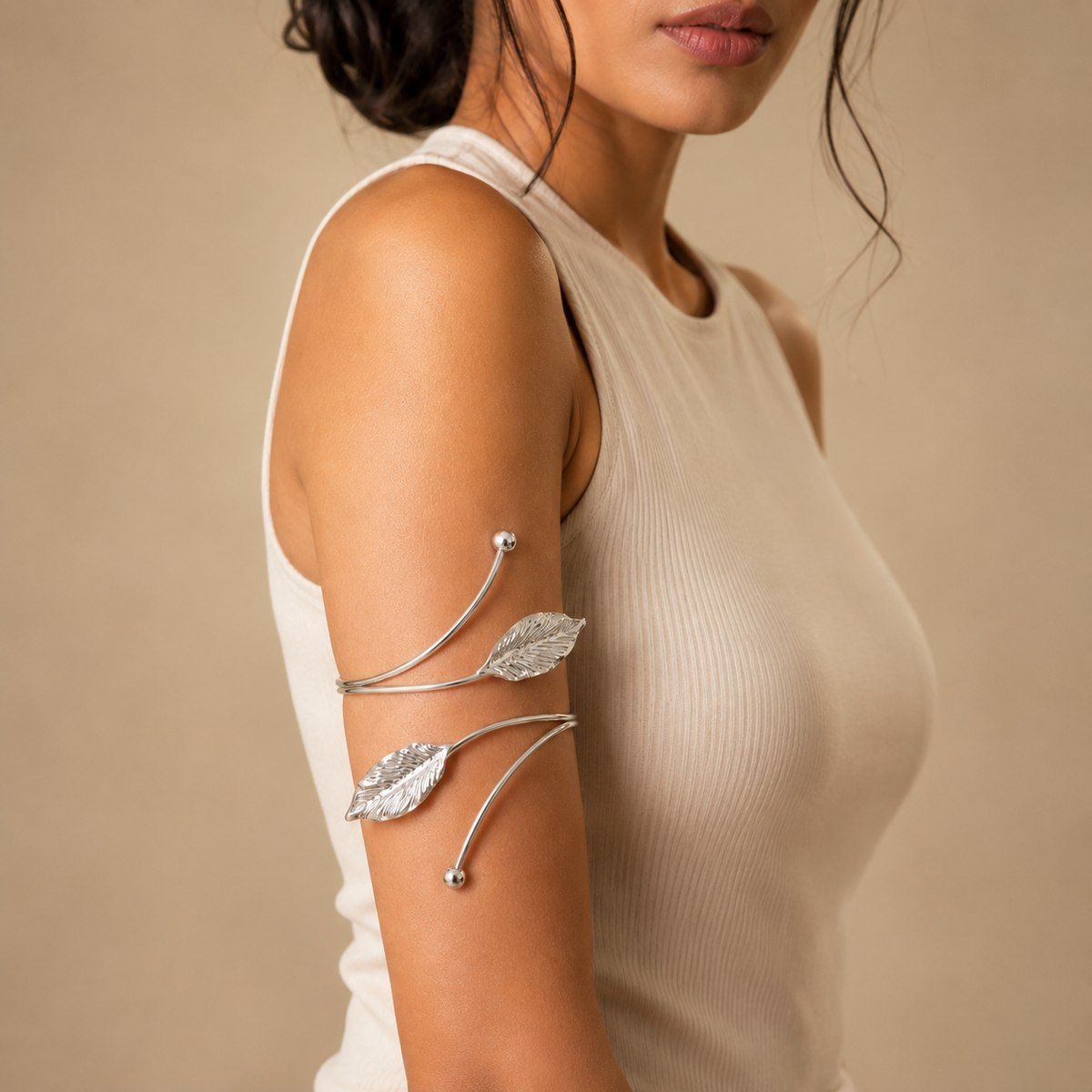 Silver Leaf Wrap Arm Cuff for Women – Botanical Statement Armlet