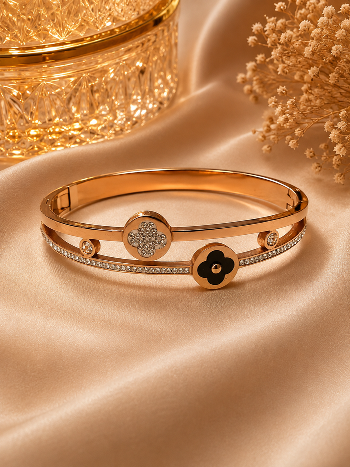 Rose Gold Black Clover Crystal Bangle Bracelet