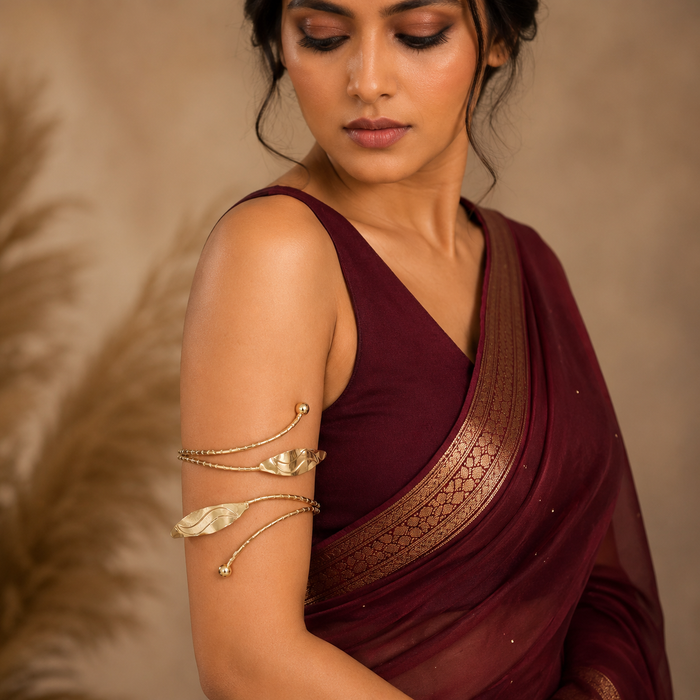 Golden Double Leaf Wrap Arm Cuff for Women