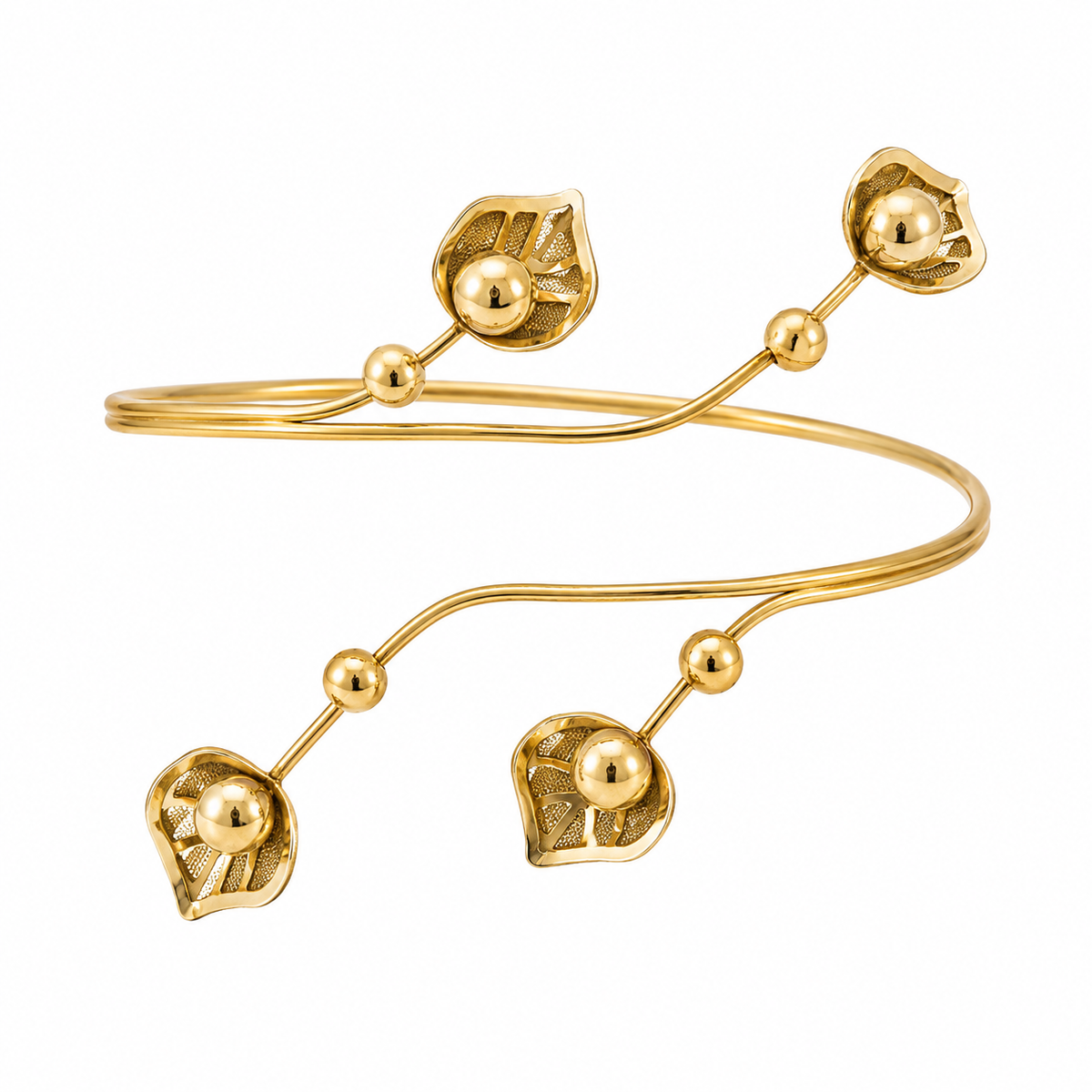 Golden Leaf & Bead Wrap Arm Cuff for Women – Elegant Upper Arm Armlet