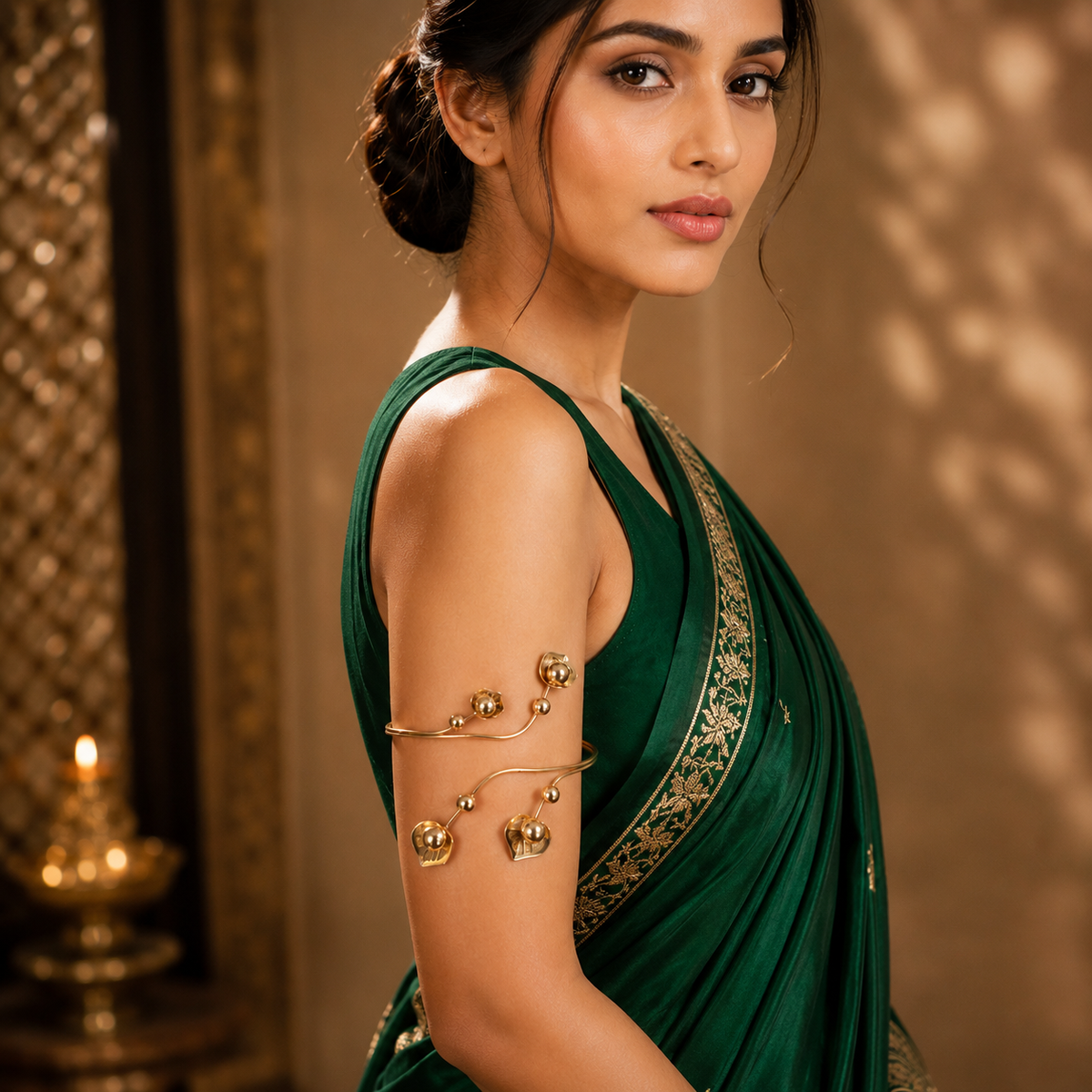 Golden Leaf & Bead Wrap Arm Cuff for Women – Elegant Upper Arm Armlet