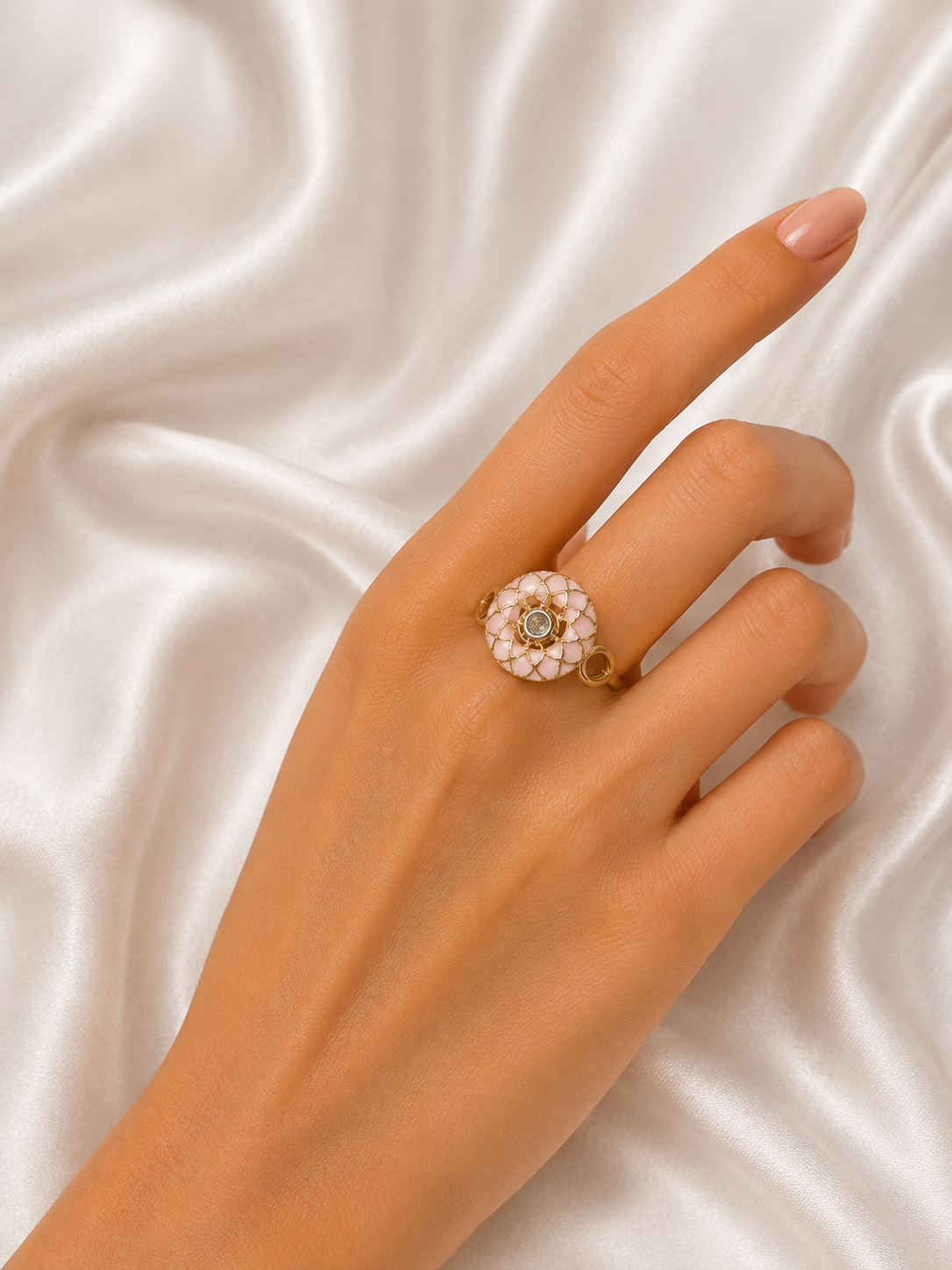Blush Camellia Crystal Floral Gold Ring