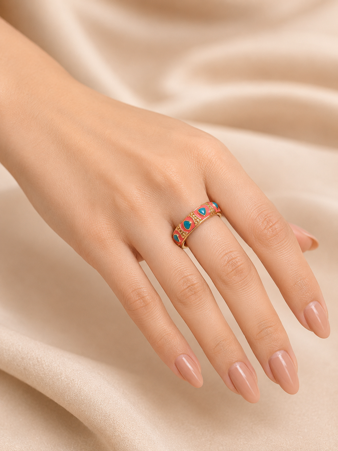 Luxe Pink & Teal Enamel Statement Adjustable Gold Ring