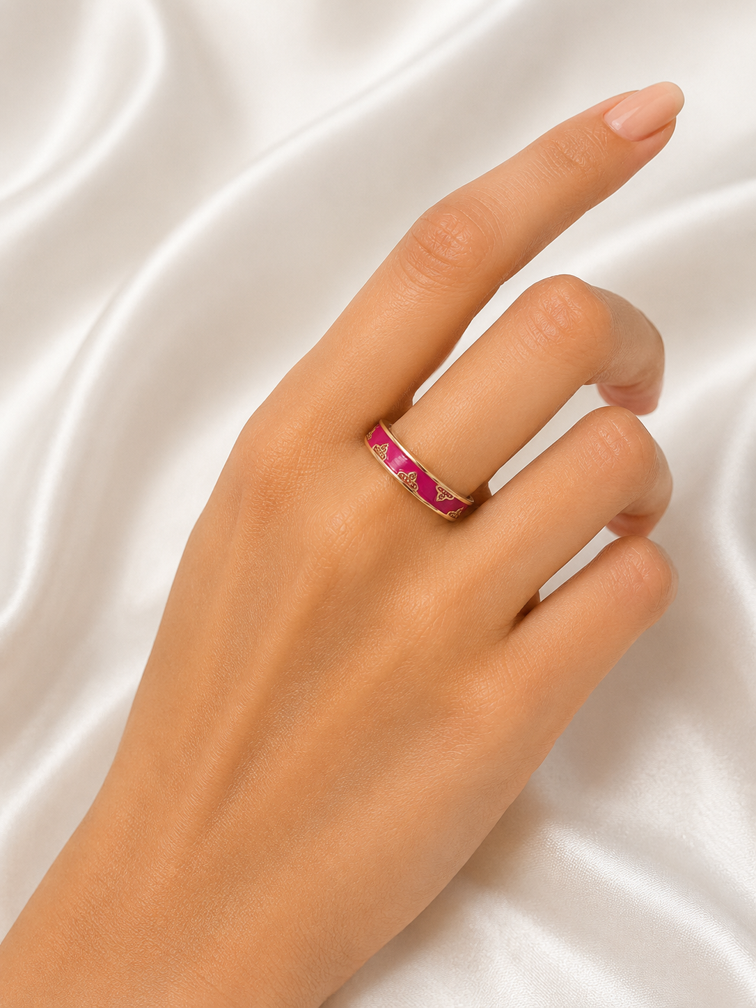Royal Pink Enamel Gold Adjustable Ring