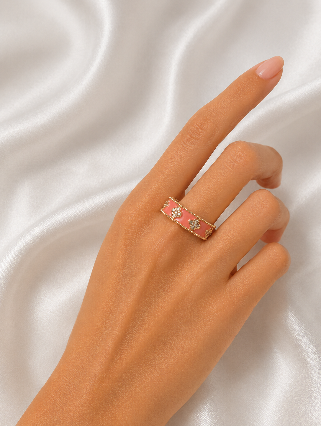 Coral Clover Crystal Enamel Adjustable Gold Ring