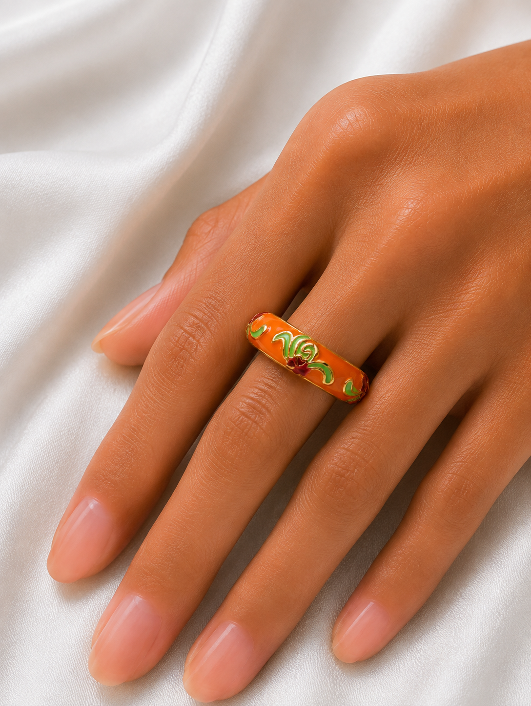 Regal Bloom Floral Enamel Gold Ring for Women
