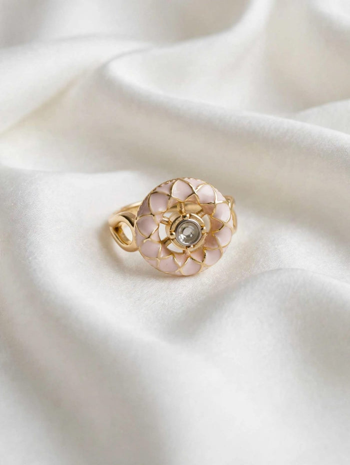 Blush Camellia Crystal Floral Gold Ring