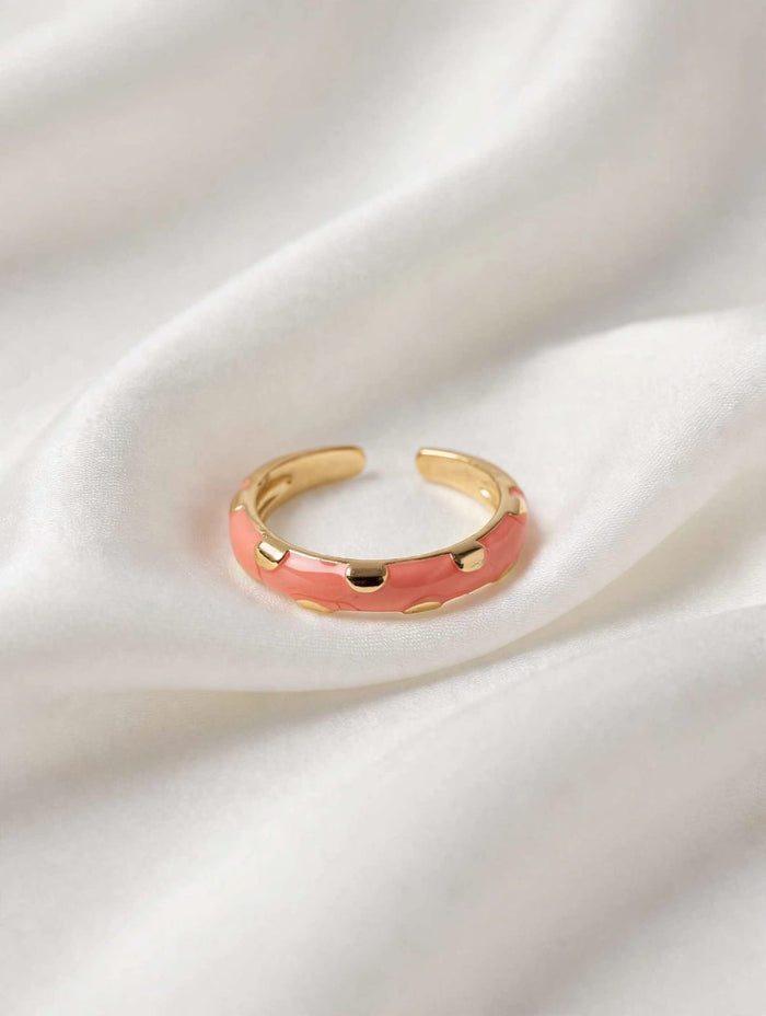 Coral Dot Enamel Gold Adjustable Ring