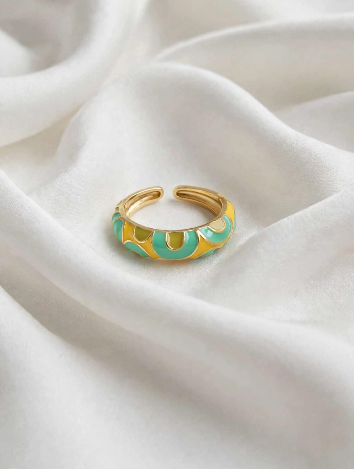 Aqua Bloom Enamel Gold Adjustable Ring