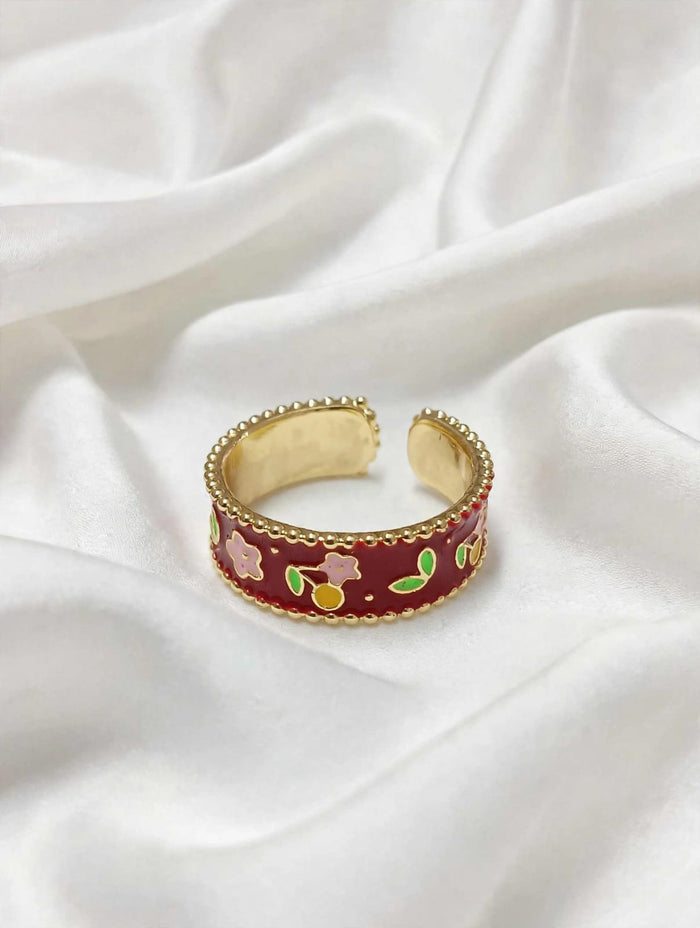 Floral Enamel Gold Ring