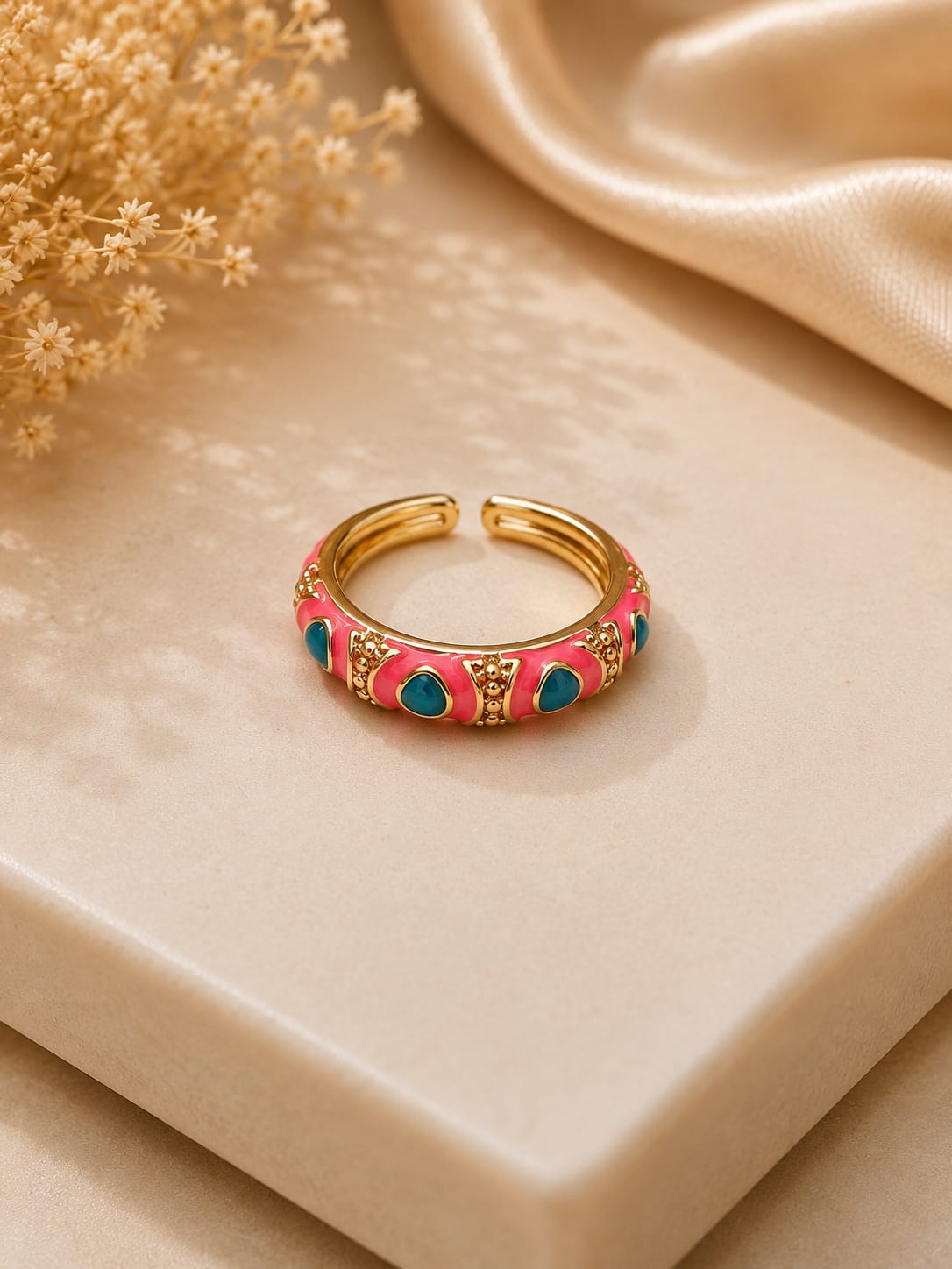 Luxe Pink & Teal Enamel Statement Adjustable Gold Ring