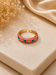 Luxe Pink & Teal Enamel Statement Adjustable Gold Ring