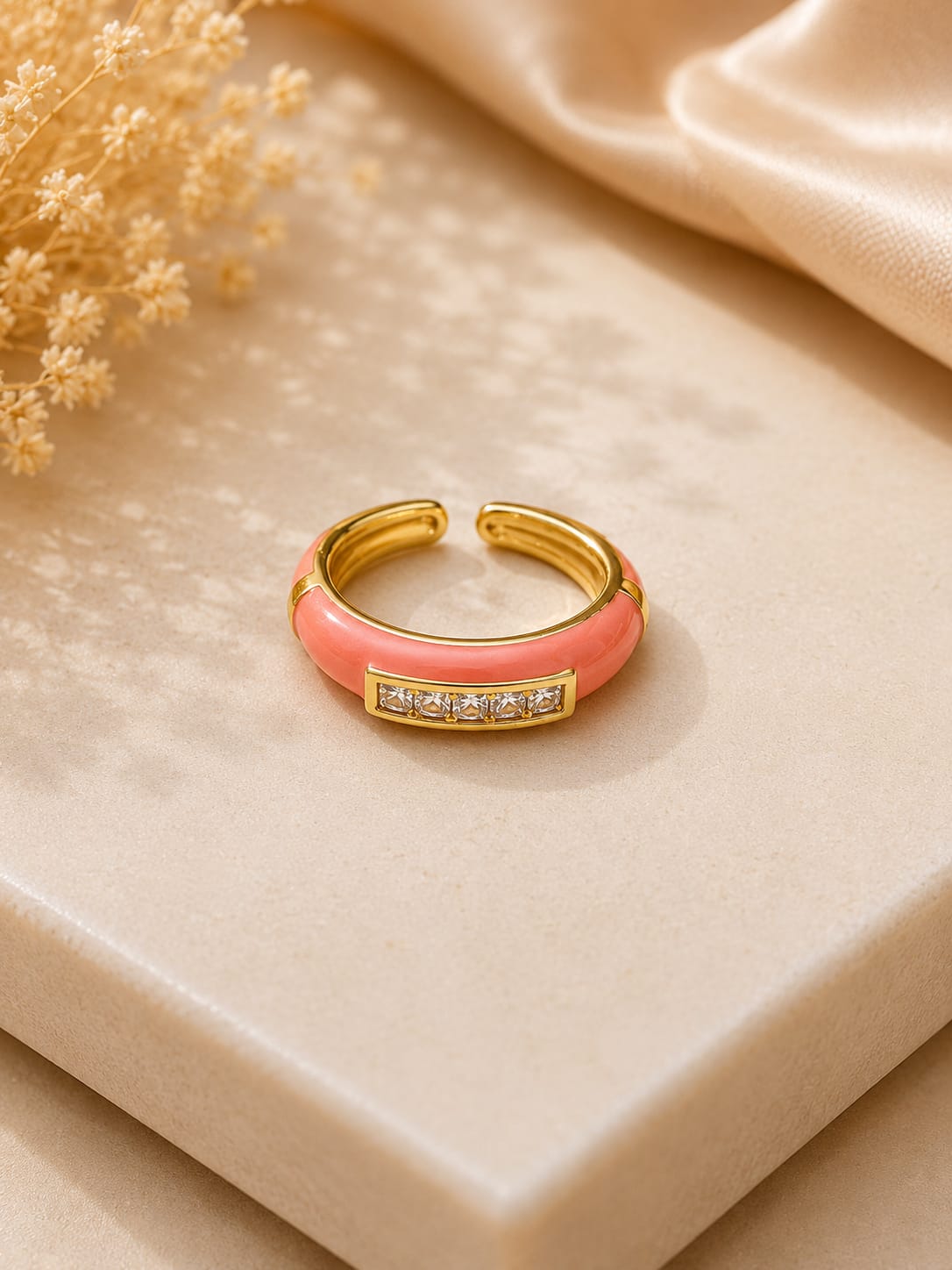 Coral Glow Crystal Enamel Gold Ring