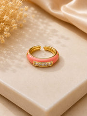 Coral Glow Crystal Enamel Gold Ring