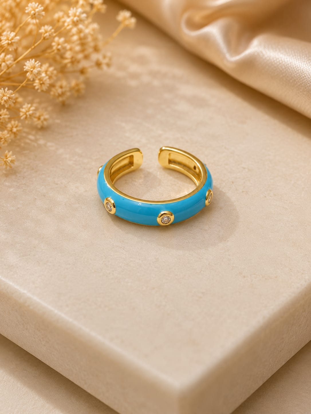 Aqua Glow Crystal Enamel Adjustable Gold Ring