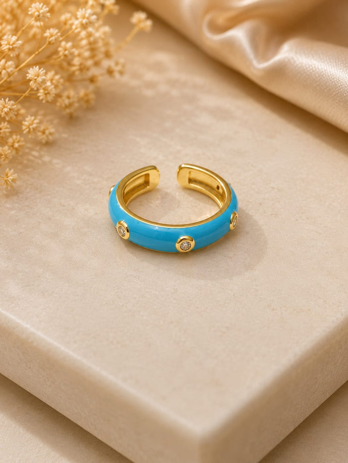 Aqua Glow Crystal Enamel Adjustable Gold Ring