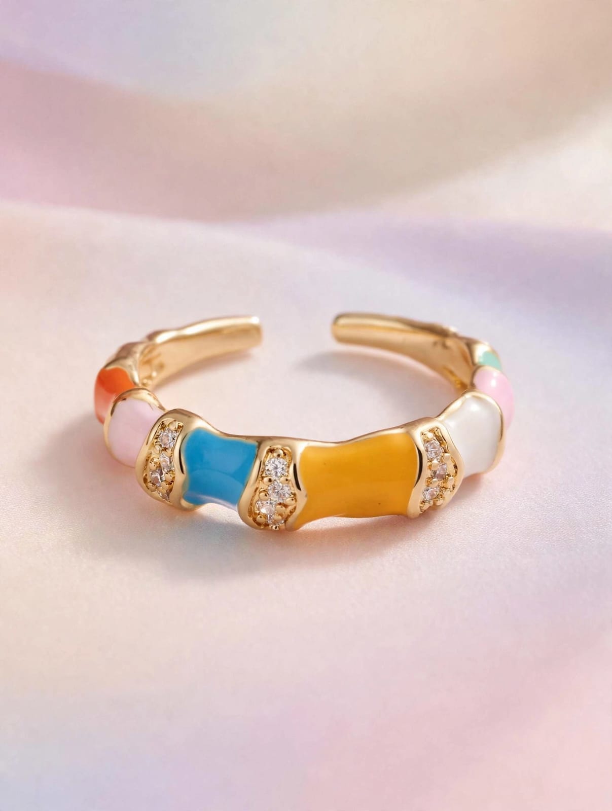 Luxe Enamel & Crystal Gold Statement Ring for Women