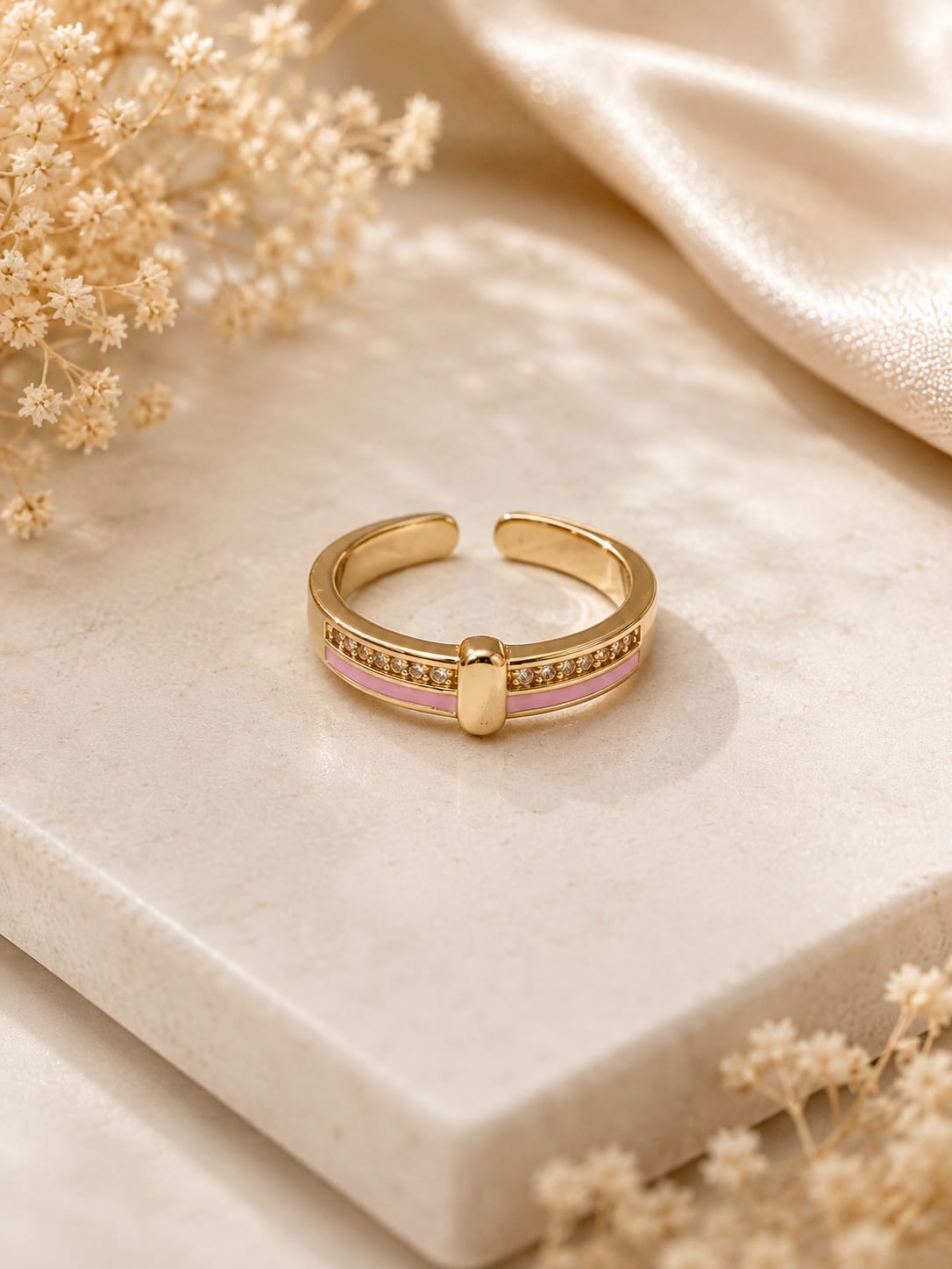 Luxe Crystal Stripe Enamel Gold Adjustable Ring for Women