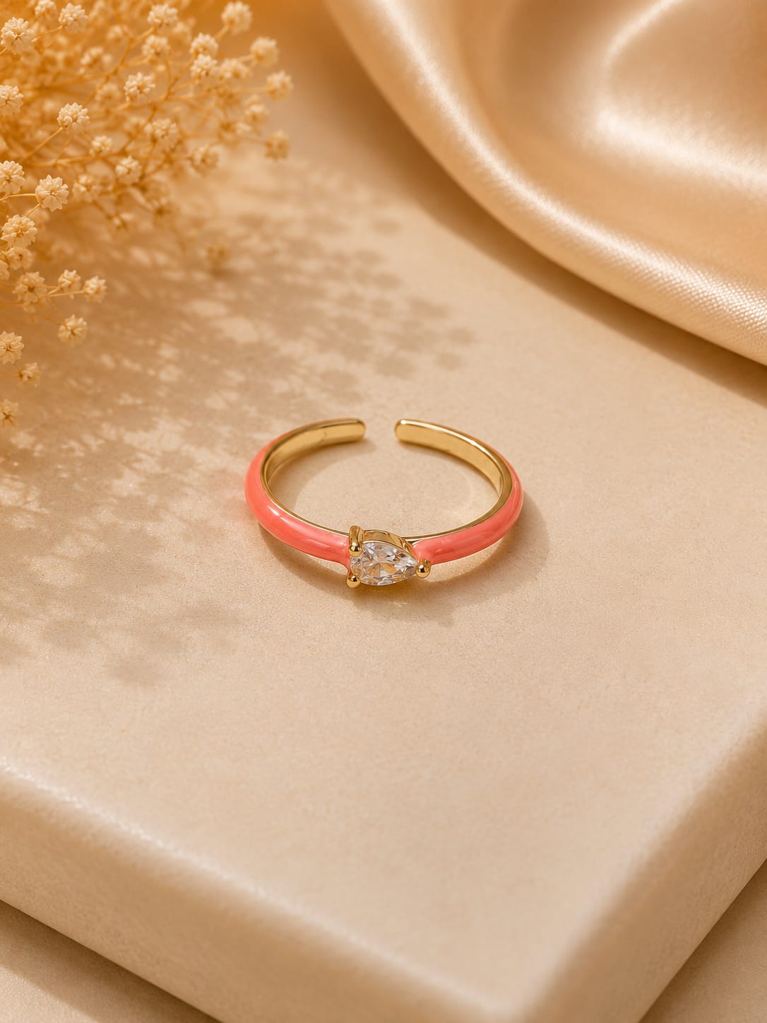 Coral Blush Pear Crystal Gold Ring