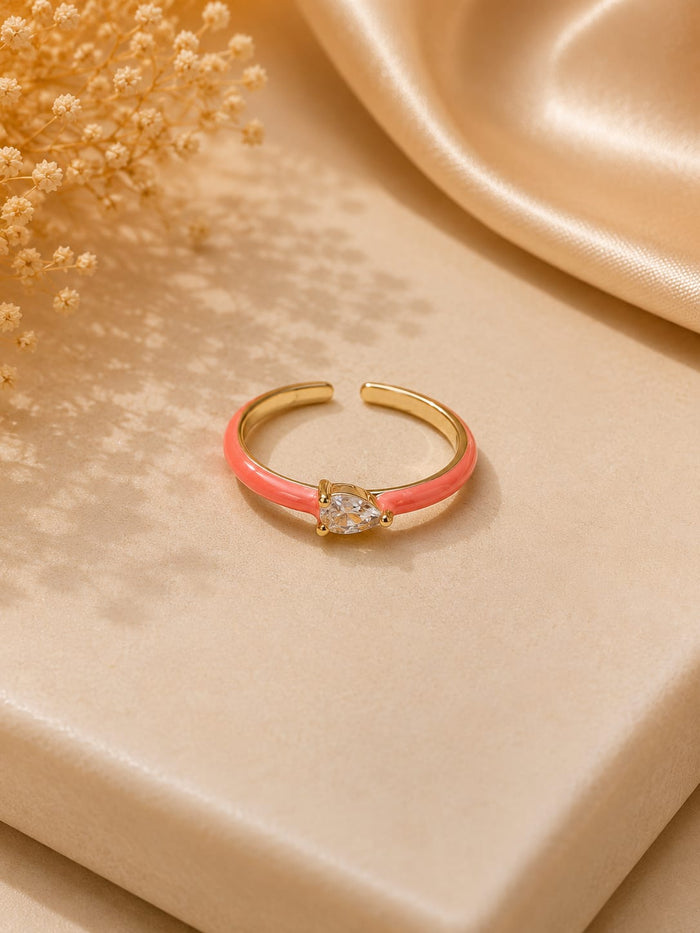 Coral Blush Pear Crystal Gold Ring