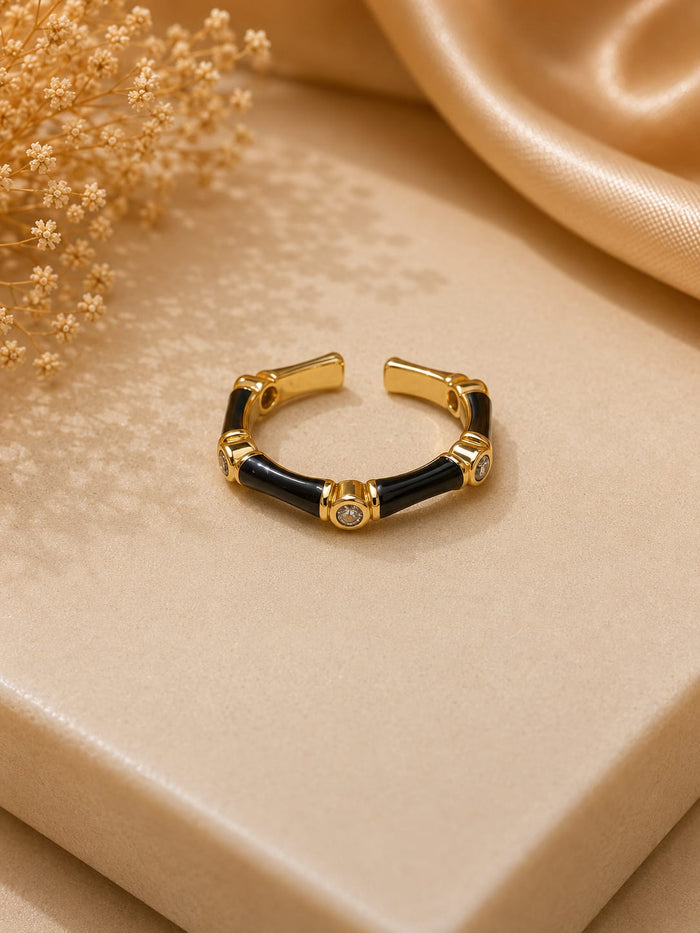 Luxe Bamboo Crystal Enamel Adjustable Gold Ring