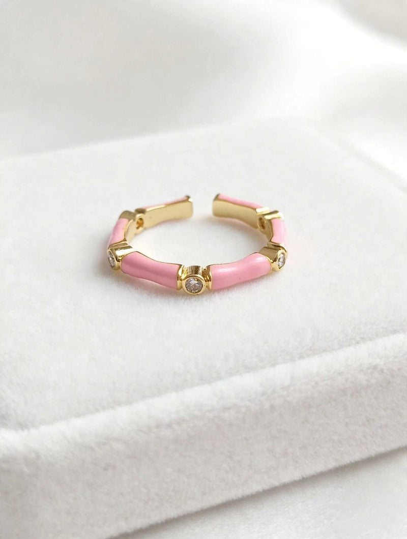 Luxe Bamboo Crystal Enamel Adjustable Gold Ring