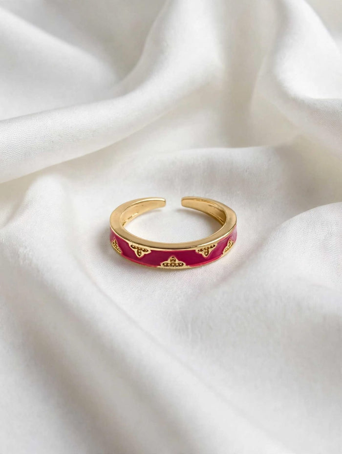 Royal Pink Enamel Gold Adjustable Ring
