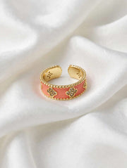 Coral Clover Crystal Enamel Adjustable Gold Ring