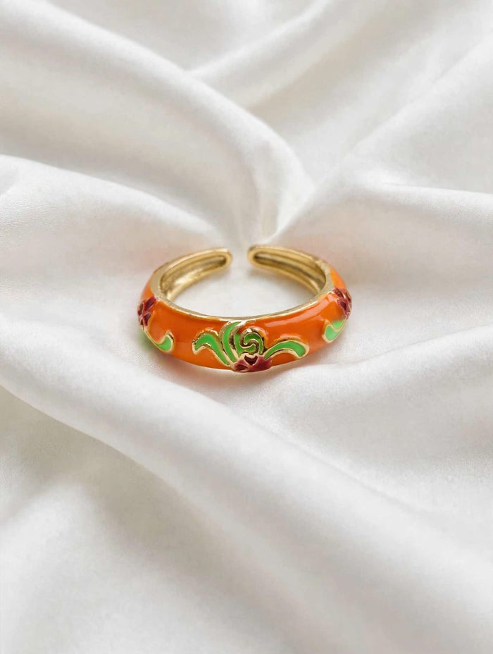 Regal Bloom Floral Enamel Gold Ring for Women