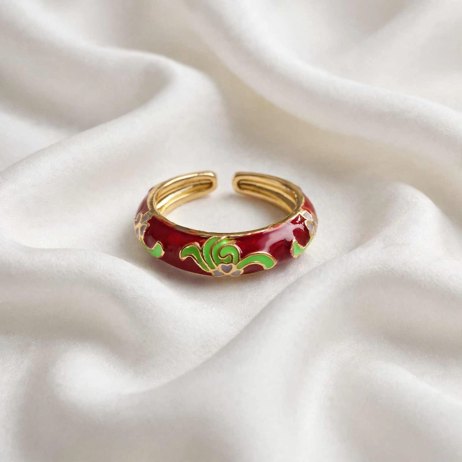 Regal Bloom Floral Enamel Gold Ring for Women