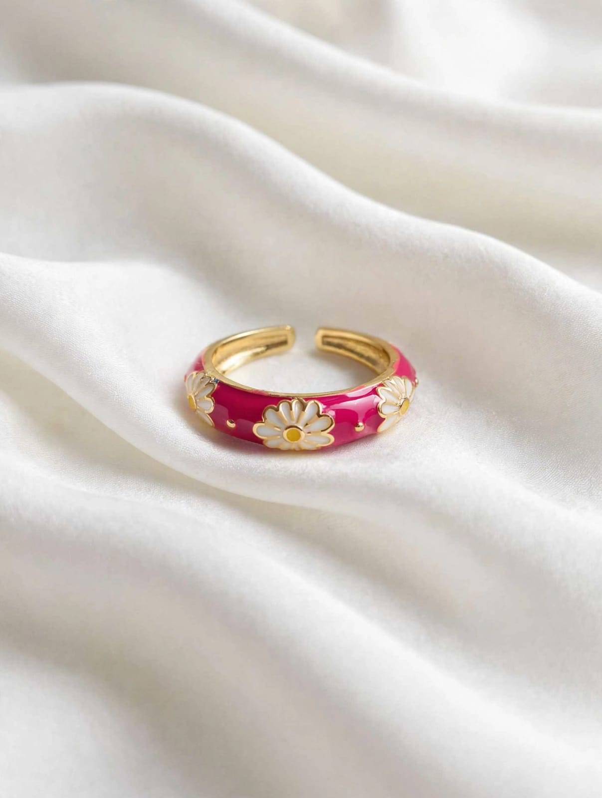 Daisy Bloom Pink Enamel Adjustable Gold Ring