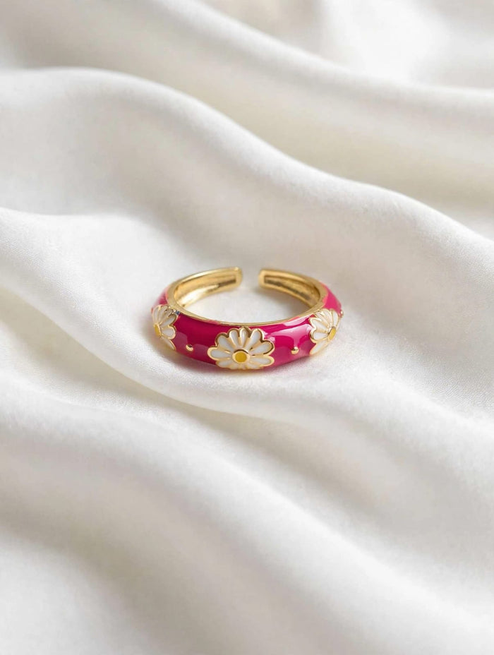 Daisy Bloom Pink Enamel Adjustable Gold Ring