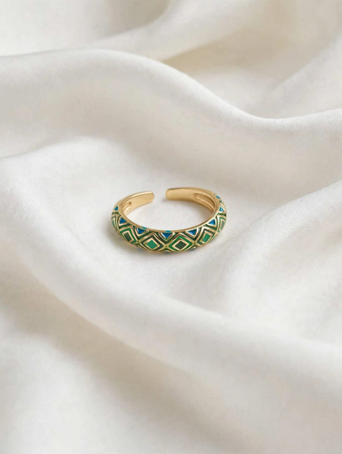 Emerald Geo Enamel Adjustable Gold Ring