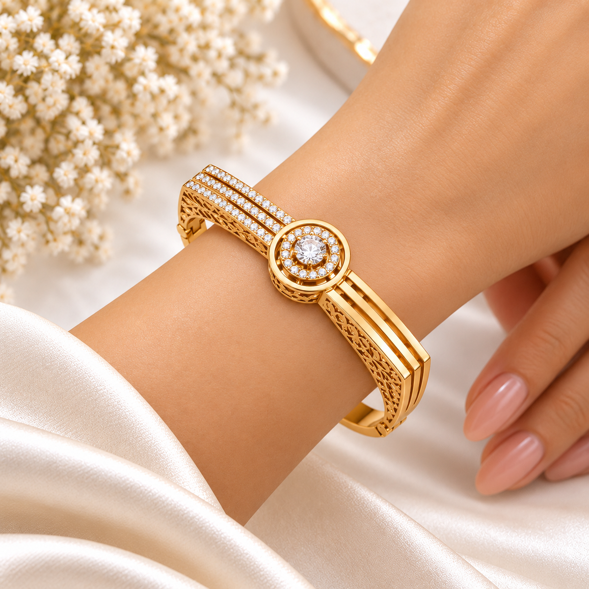 Golden Solitaire Crystal Statement Bracelet(Baby size)