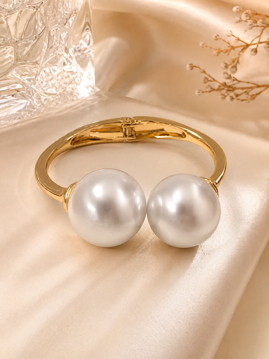 Double Pearl Gold Cuff Bracelet