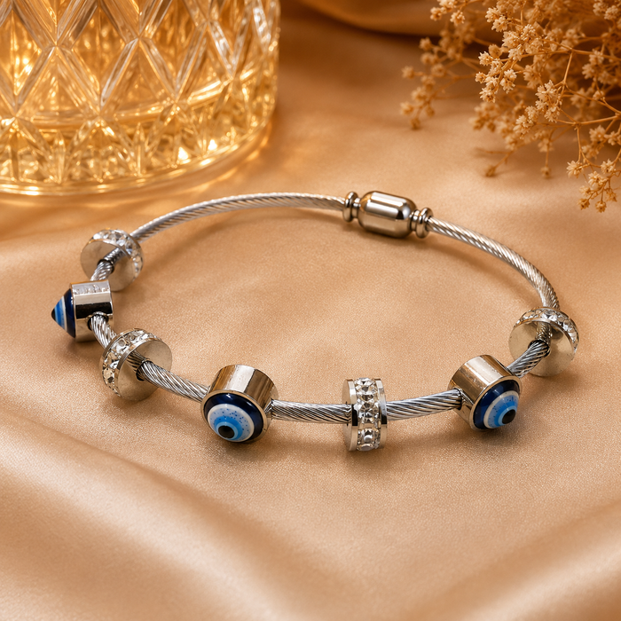 Evil Eye Charm Silver Cable Bracelet
