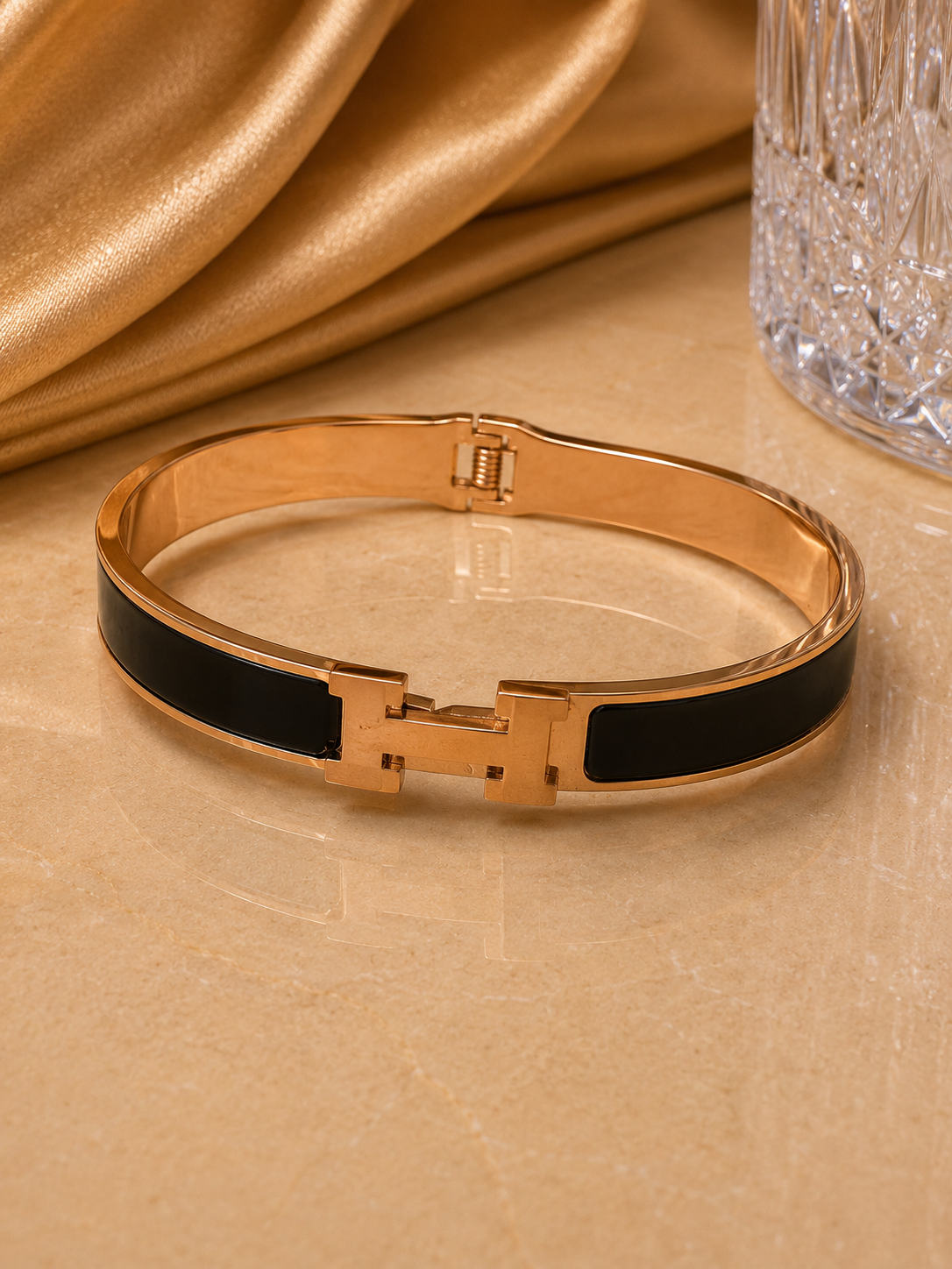 Rose Gold Black Enamel Hermes Bangle Bracelet