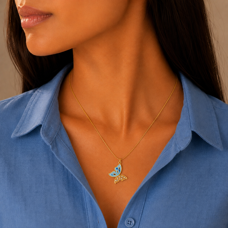 Blue Enamel Butterfly Pendant Necklace – Anti Tarnish Stainless Steel