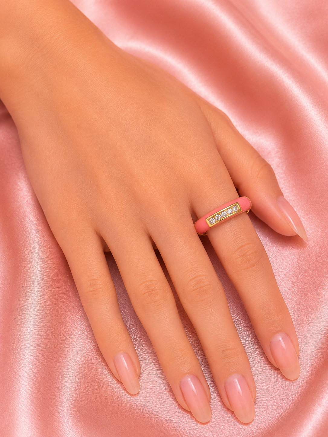 Coral Glow Crystal Enamel Gold Ring