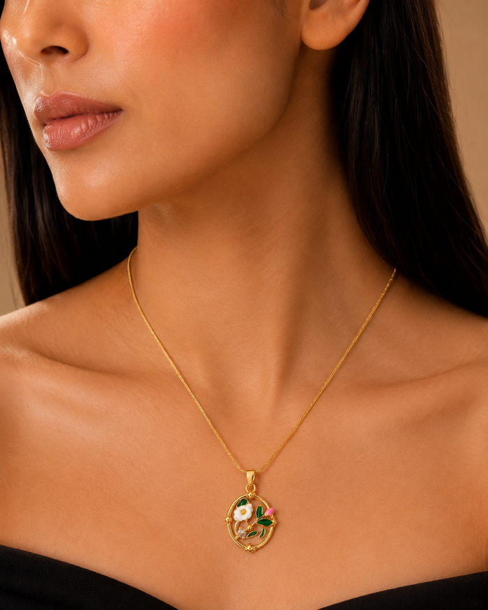Floral Enamel Gold Pendant Necklace – Anti Tarnish Stainless Steel
