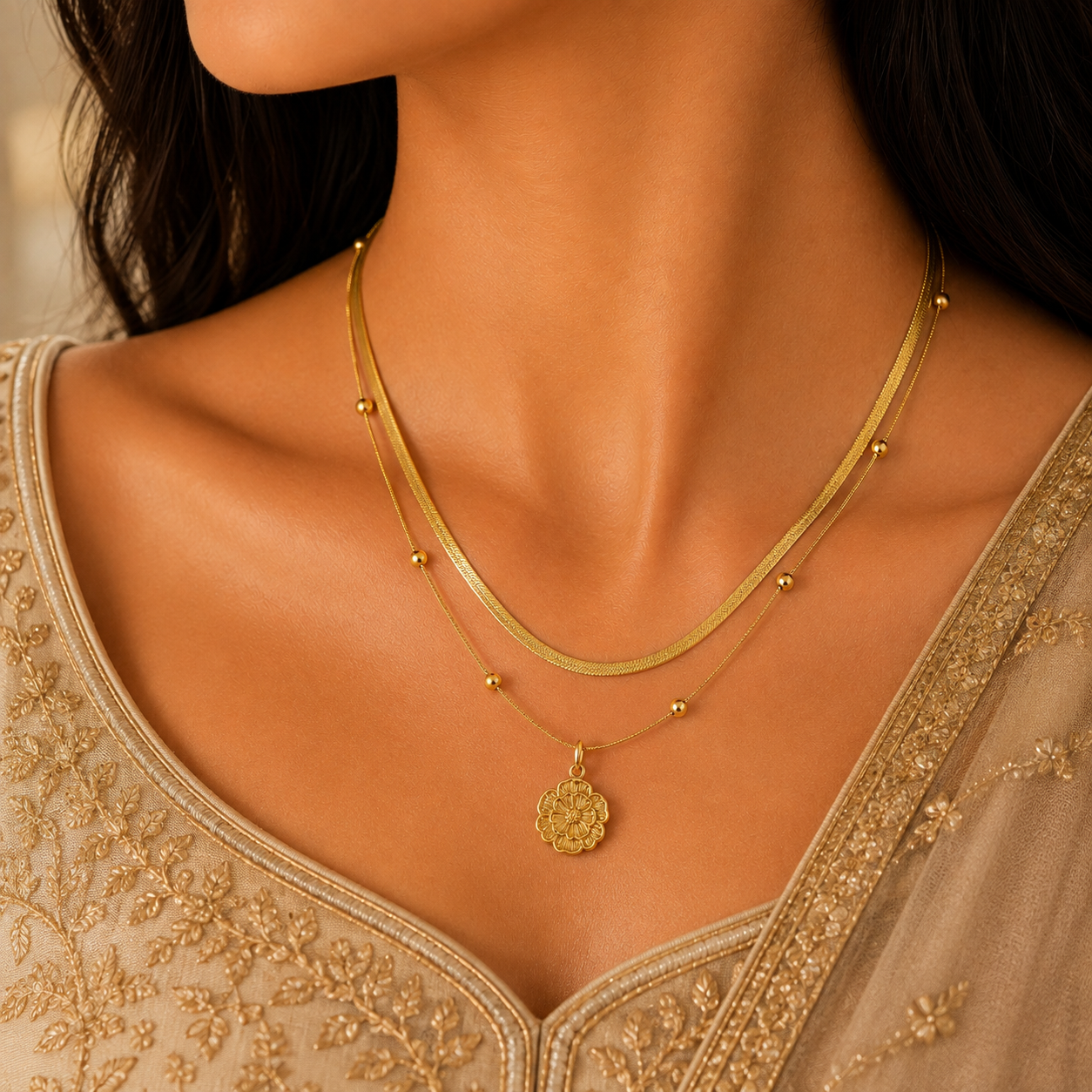 Floral Double Layer Gold Necklace – Anti Tarnish Stainless Steel