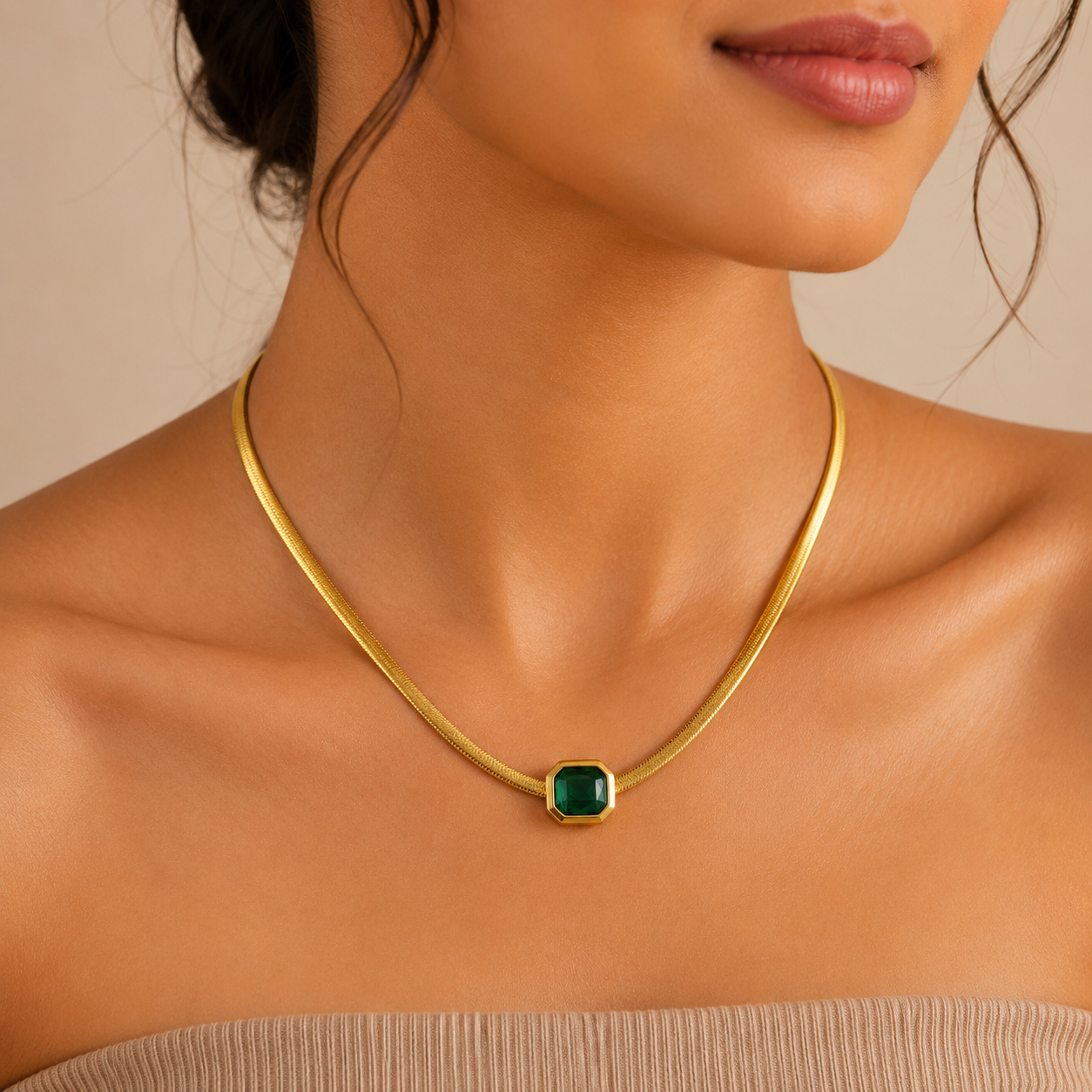 Emerald Solitaire Gold Snake Chain Necklace – Anti Tarnish Stainless Steel