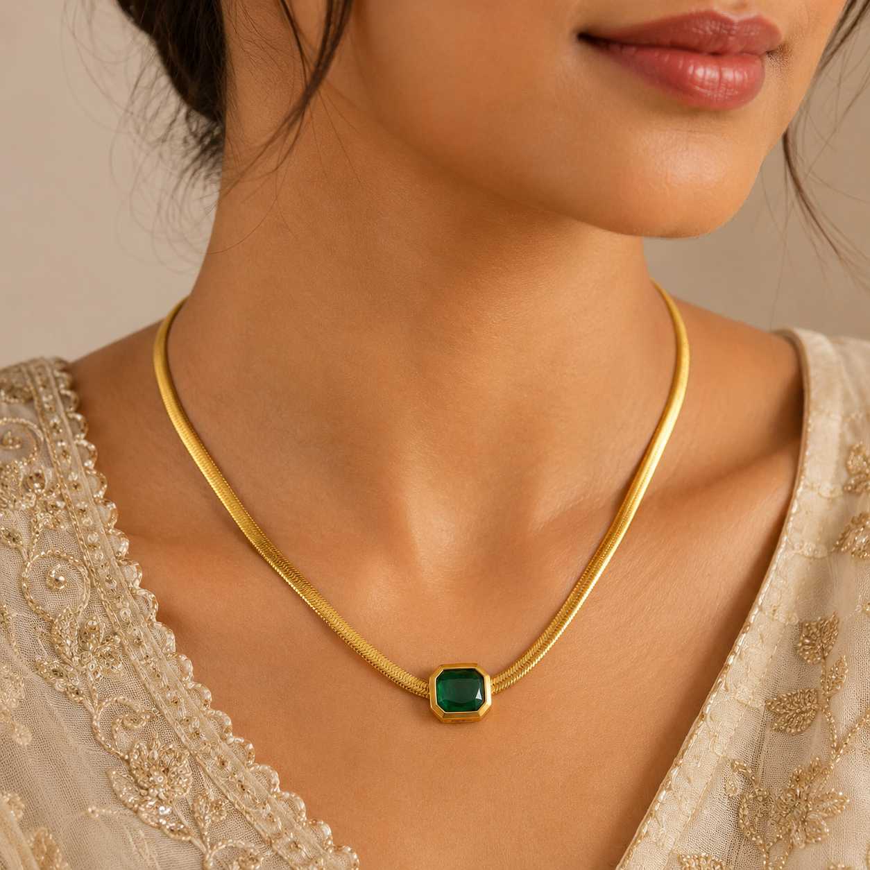 Emerald Solitaire Gold Snake Chain Necklace – Anti Tarnish Stainless Steel