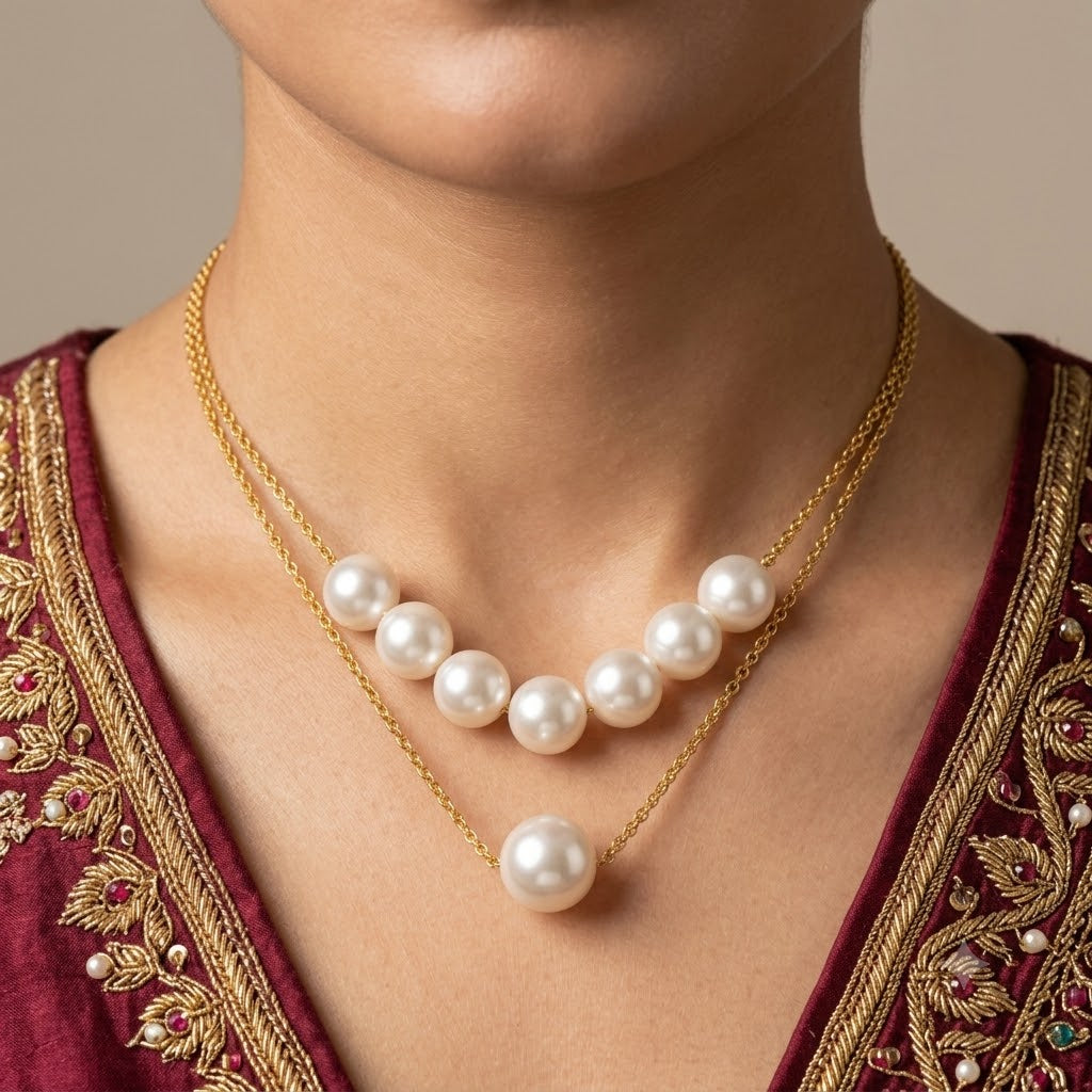 Layered Pearl Necklace – Anti Tarnish Gold Stainless Steel Double Layer Chain