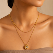 Layered Crystal Pendant Necklace – Anti Tarnish Gold Stainless Steel Double Layer Chain