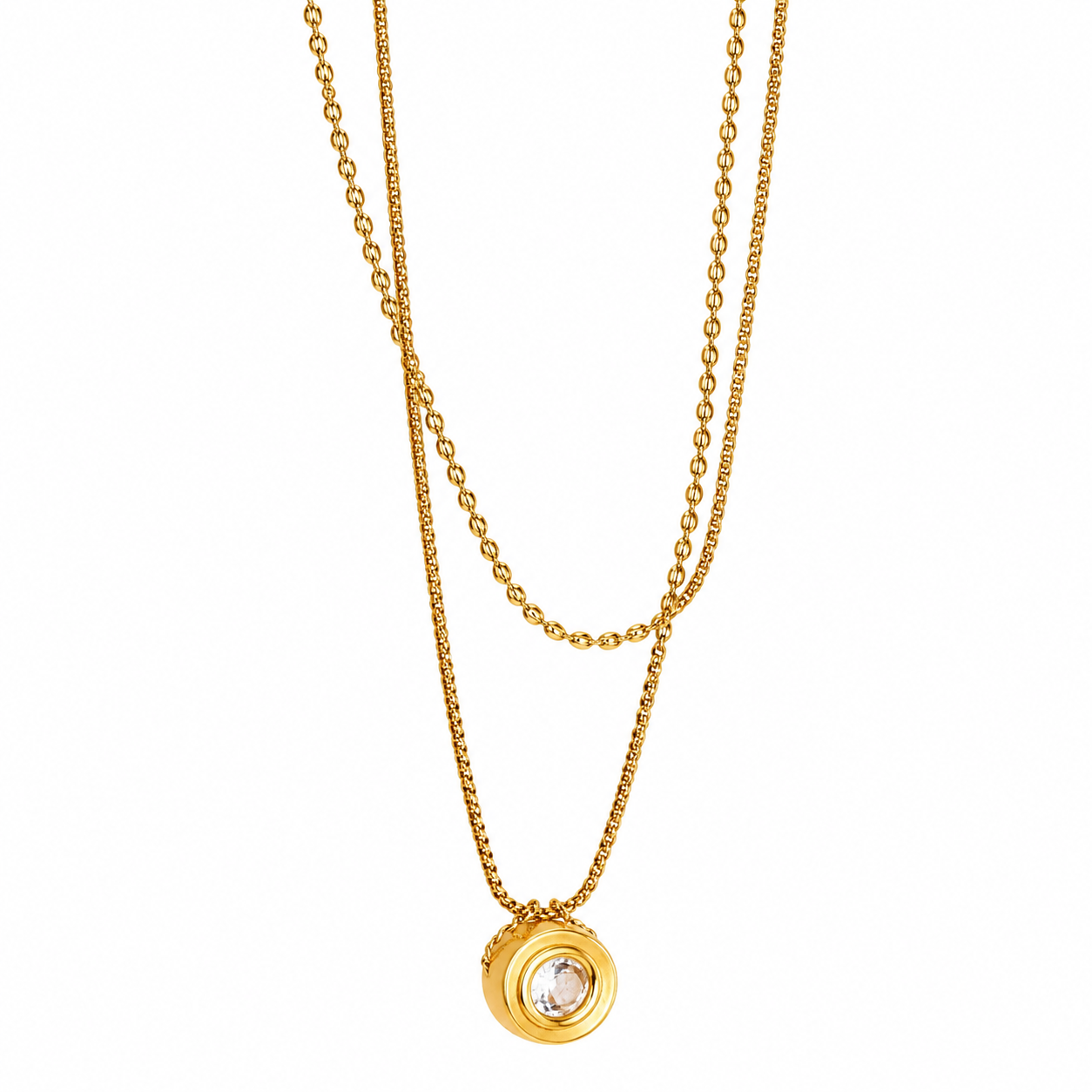 Layered Crystal Pendant Necklace – Anti Tarnish Gold Stainless Steel Double Layer Chain