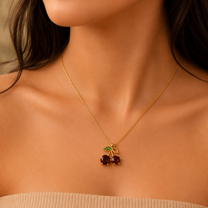 Cherry Crystal Pendant Necklace – Anti Tarnish Gold Stainless Steel Chain