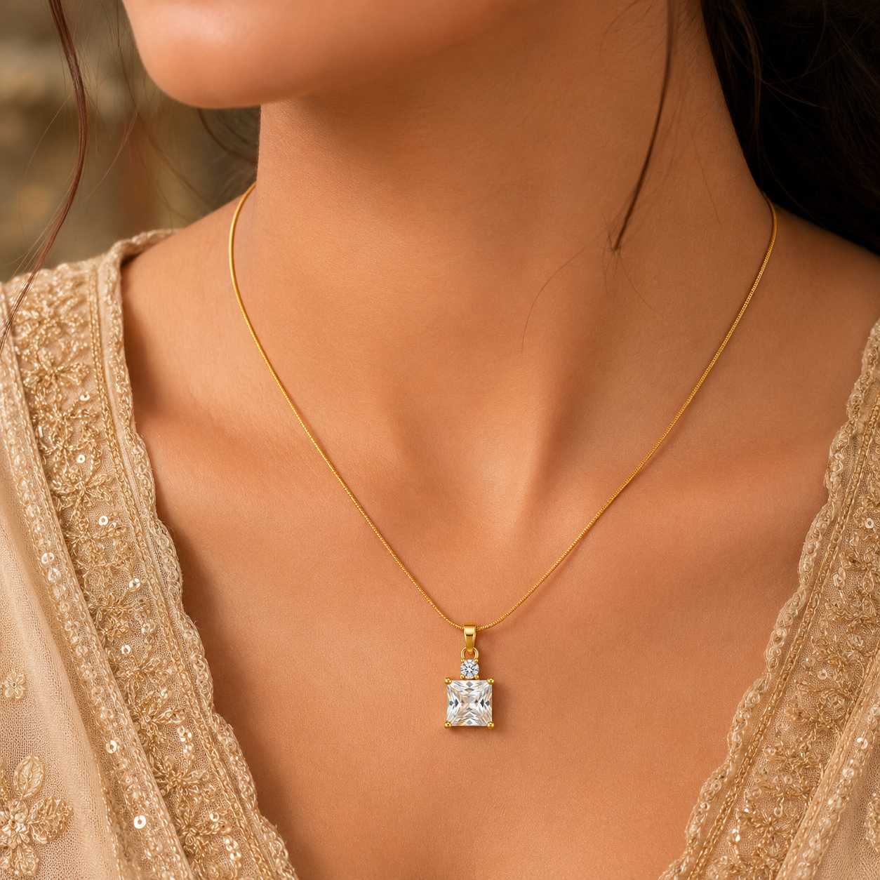 Radiant Solitaire Crystal Pendant Necklace – Anti Tarnish Gold Stainless Steel Chain