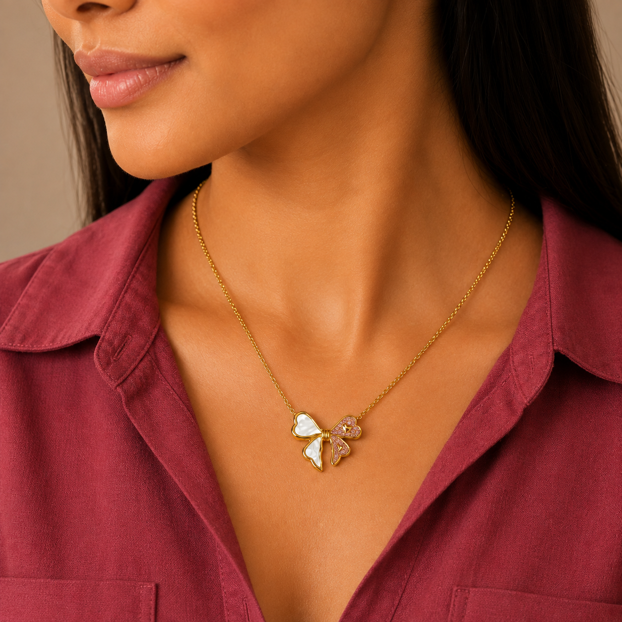 Blush Bow Pendant Necklace – Anti Tarnish Stainless Steel