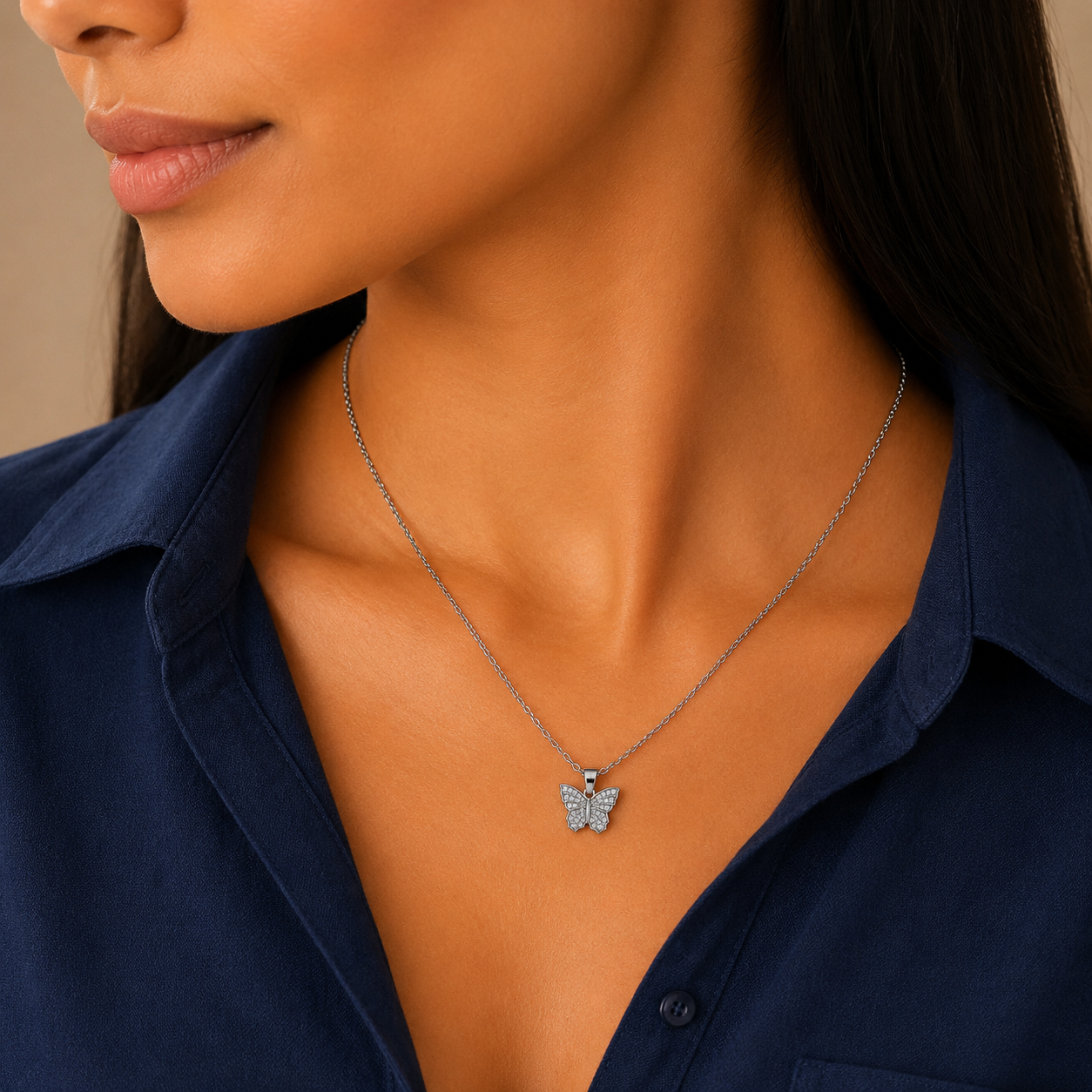 Silver Crystal Butterfly Pendant Necklace – Anti Tarnish Stainless Steel Necklace